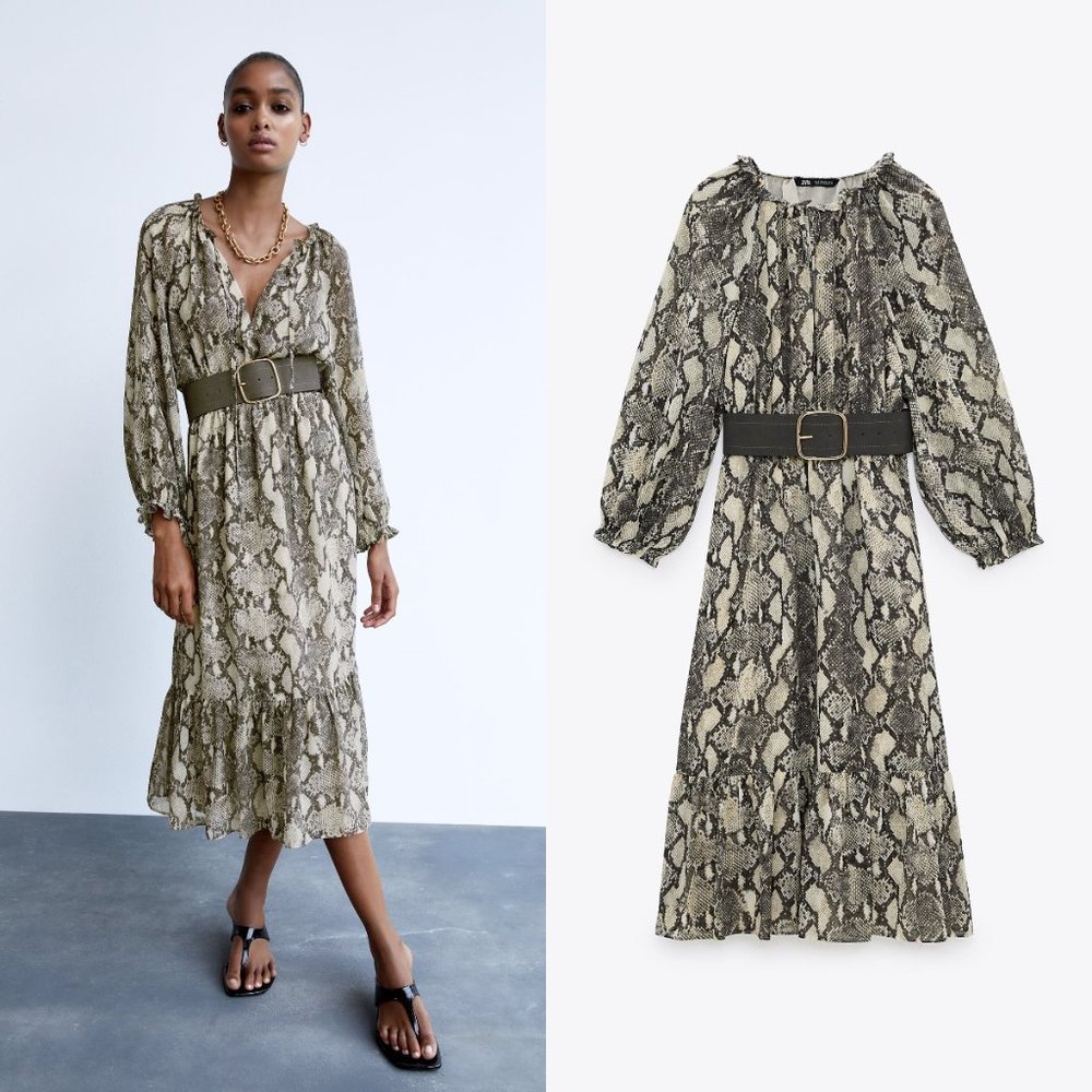 ZARA Women's sz XS Grey/Cream Snake Animal Print Long Sleeve Chiffon Midi Dress
